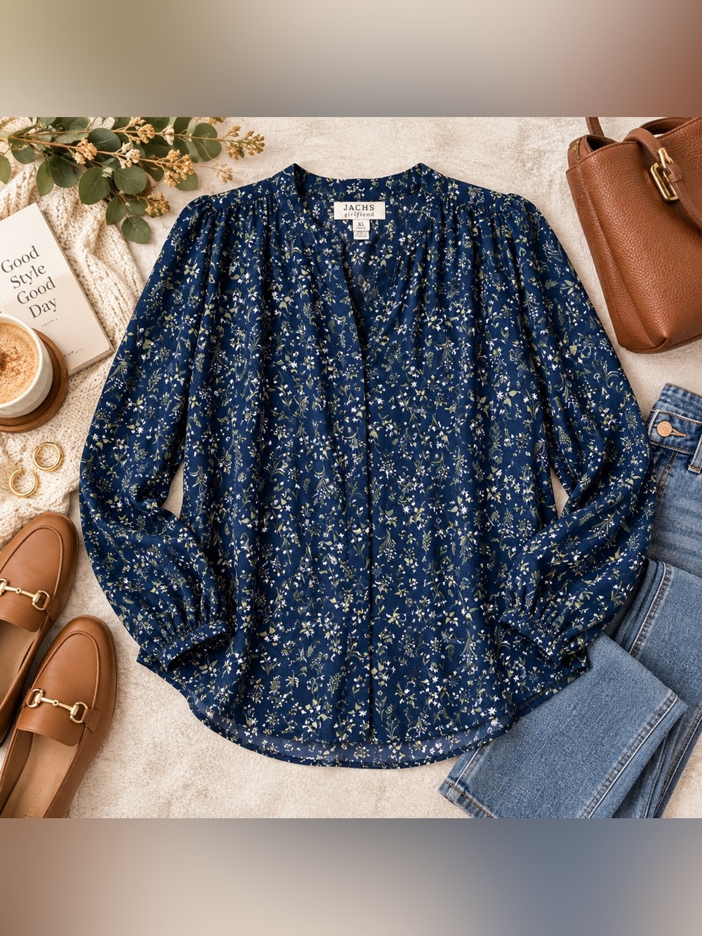 JACHS Girlfriend Navy Floral Split Neck Blouse Womens XL Boho Long Sleeve